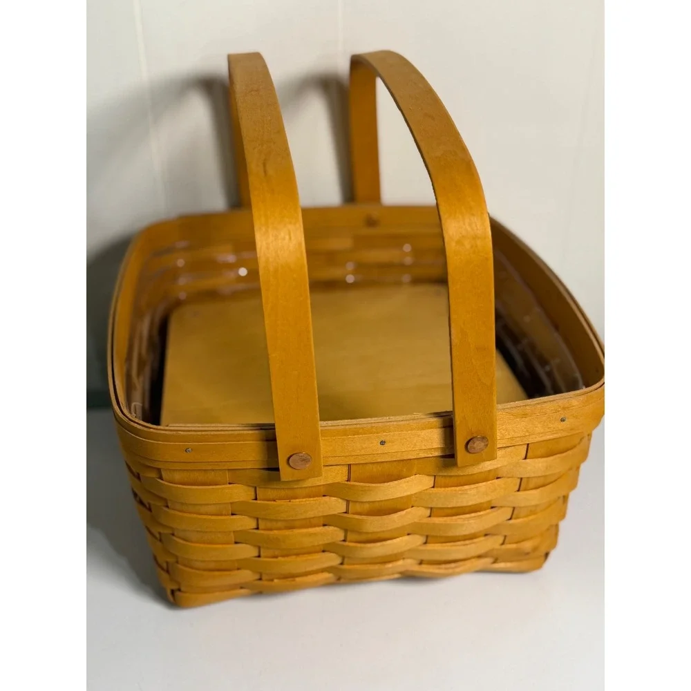 VTG Longaberger Basket Woven Wood Brown Picnic Storage Liner Riser 2002